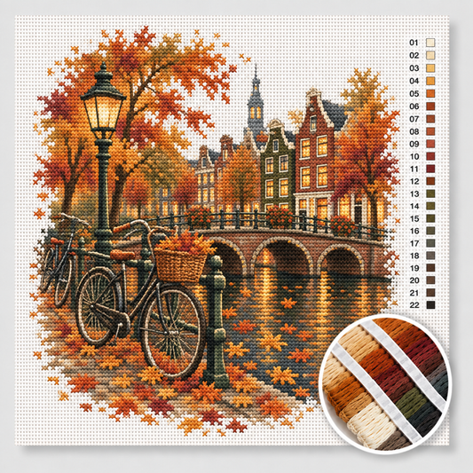 Herfst kruissteek pakket — Amsterdamse gracht met herfstbomen, verlichte grachtenpanden en fietsen op de brug