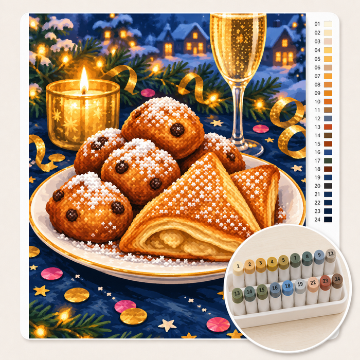 Appelflappen en Oliebollen op Tafel – Kleuren op Nummer canvas met stiftenset