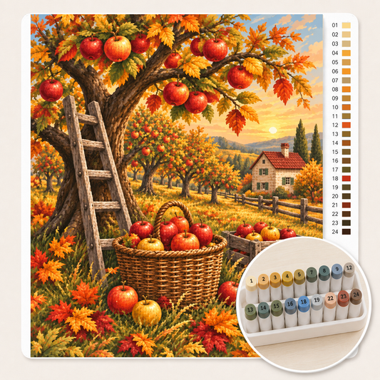 Appelpluk in de Boomgaard – Kleuren op Nummer canvas met stiftenset