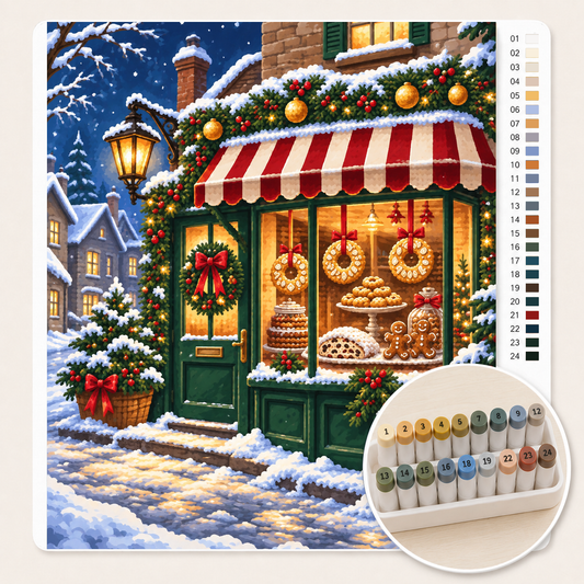 Bakkerij met Kerstkransjes in de Etalage – Kleuren op Nummer canvas met stiftenset