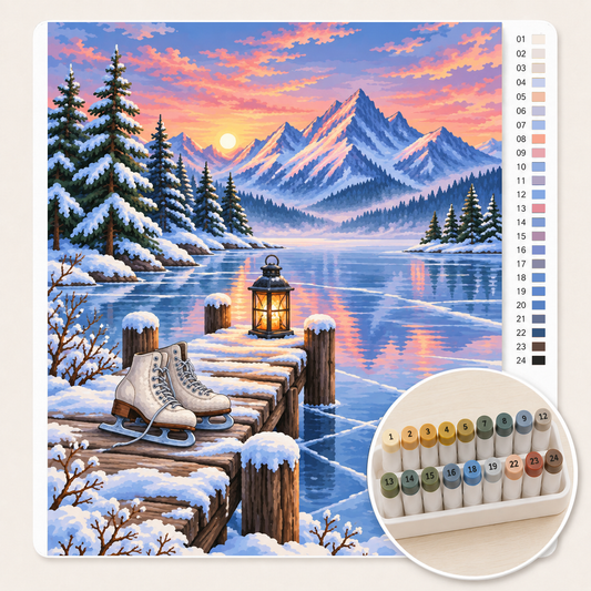 Bevroren Bergmeer – Kleuren op Nummer canvas met stiftenset