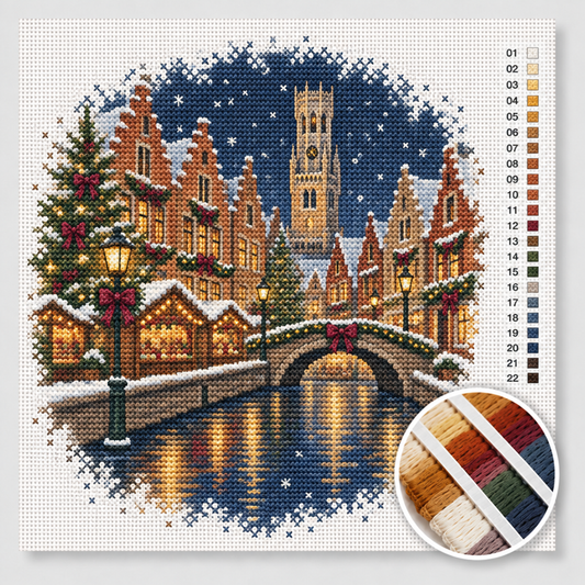 Kerst kruissteek pakket — Brugse reien met trapgevels, Belfort en verlichte kerstmarktkraampjes in de sneeuw