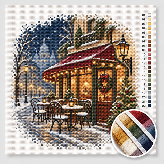 Kerst kruissteek pakket — Parijs hoekcafé met bordeauxrode luifel, kerstverlichting en besneeuwde bistrotafeltjes
