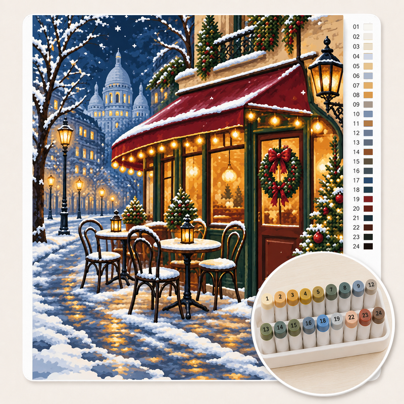 Café de Paris met Kerstverlichting – Kleuren op Nummer canvas met stiftenset