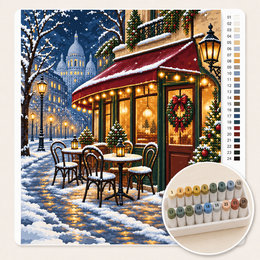 Café de Paris met Kerstverlichting – Kleuren op Nummer canvas met stiftenset