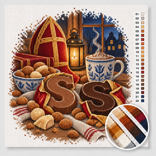 Sinterklaas kruissteek pakket — chocoladeletters en pepernoten op tafel bij kaarslicht
