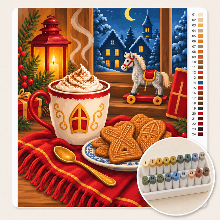 Chocolademelk met Slagroom en Speculaas – Kleuren op Nummer canvas met stiftenset