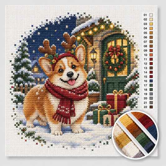 Kerst kruissteek pakket — corgi met rendiergewei en bordeaux sjaal in de sneeuw voor een verlichte deur