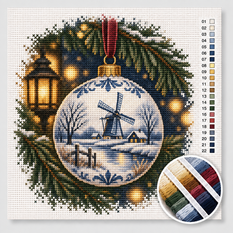Delfts Blauwe Kerstbal met Molen — Kruissteek Pakket