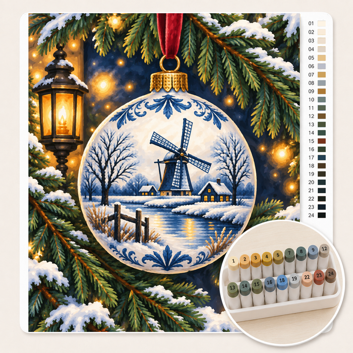 Delfts Blauwe Kerstbal met Molen – Kleuren op Nummer canvas met stiftenset