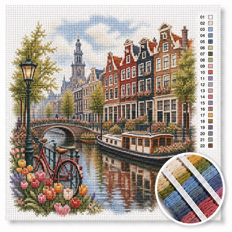 Amsterdamer Grachtenhäuser mit Tourboot — Kreuzstich-Set