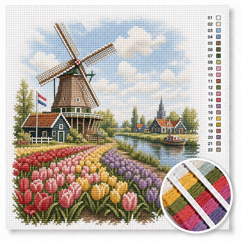 Dutch Windmill by the Tulip Fields — Cross Stitch Kit