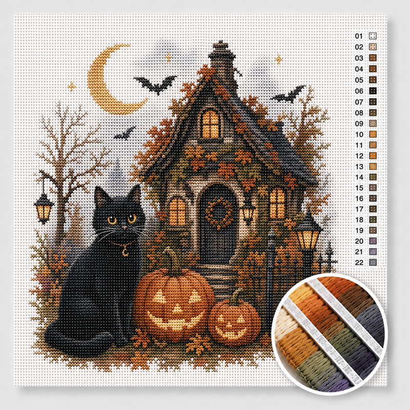 Halloween Black Cat at Witch's House — Cross Stitch Kit