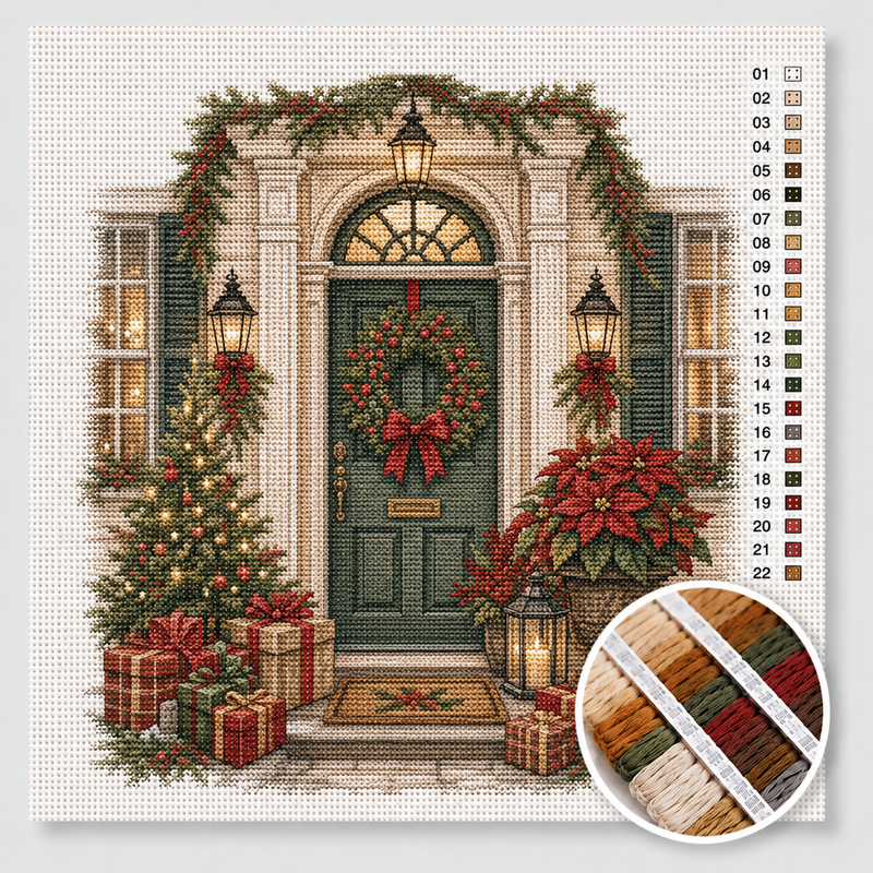 Christmas Front Door with Wreath and Presents — Cross Stitch Kit