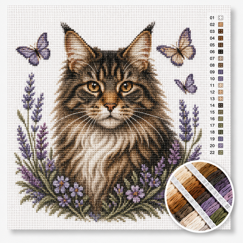 Maine Coon in Lavender Field — Cross Stitch Kit