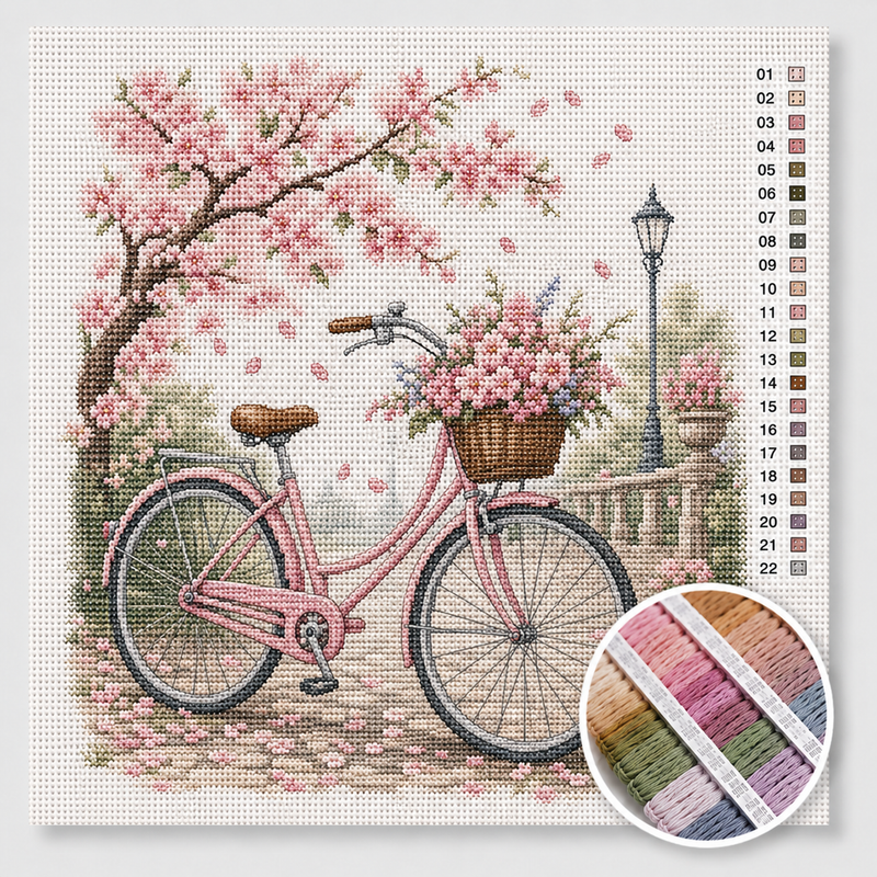 Pink Bicycle under Cherry Blossom — Cross Stitch Kit