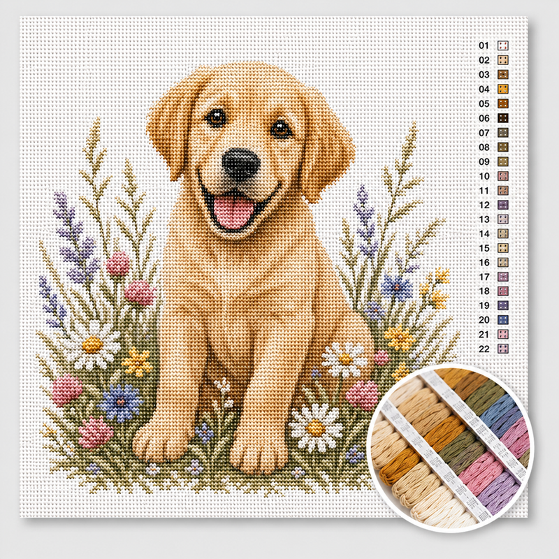 Labrador Puppy Among Wildflowers - Cross Stitch Kit