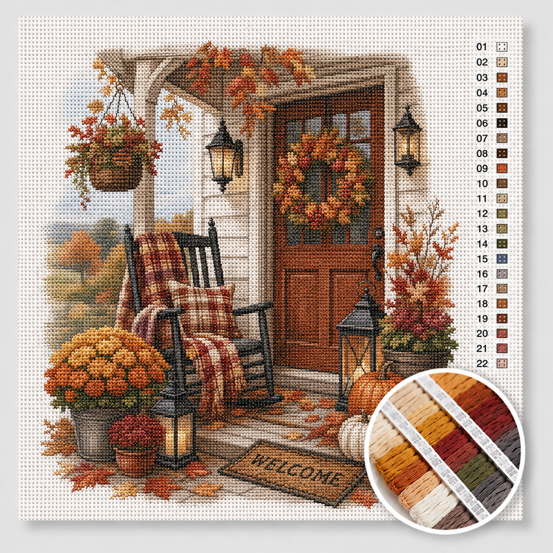 Autumn Front Door with Wreath and Chrysanthemums — Cross Stitch Kit