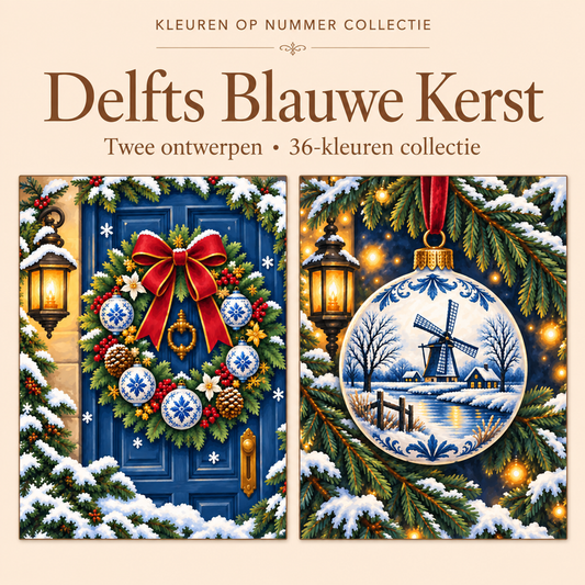 Delfts Blauwe Kerst – Kleuren op Nummer Set met twee ontwerpen