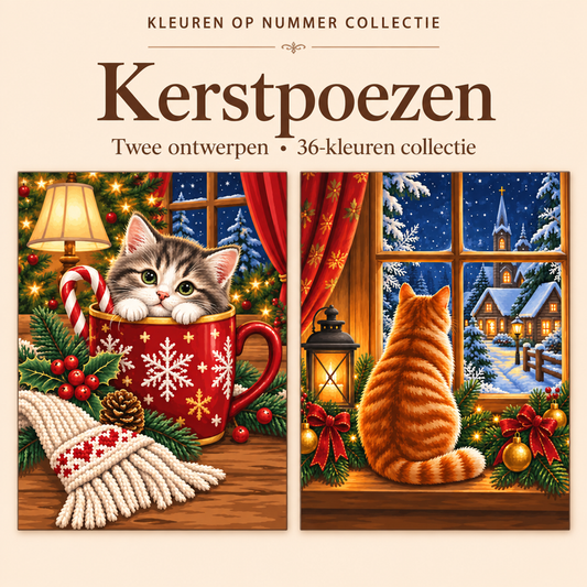 Kerstpoezen – Kleuren op Nummer Set met twee ontwerpen