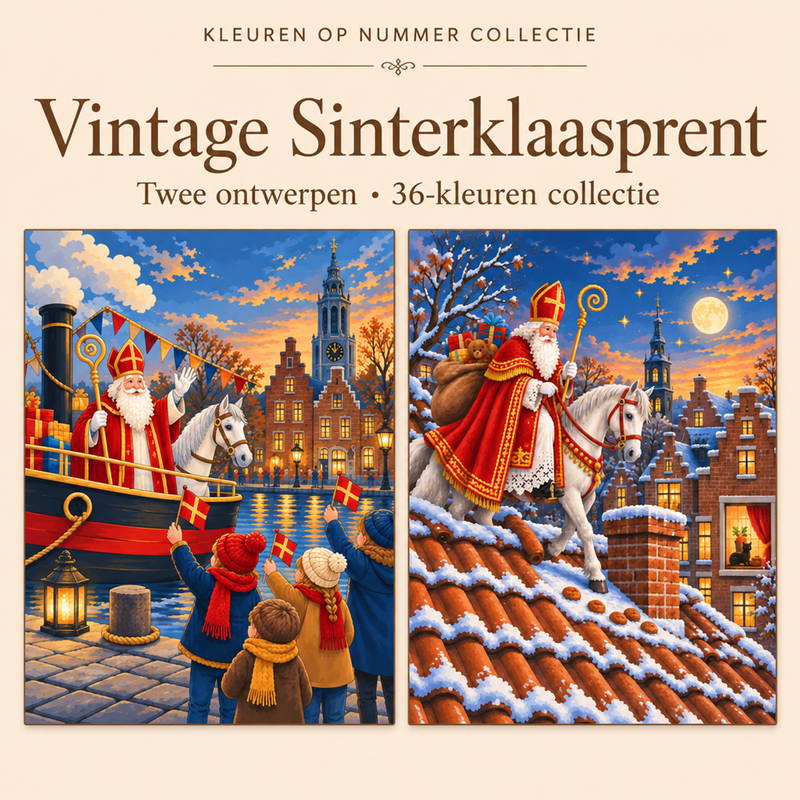 Vintage Sinterklaasprent – Kleuren op Nummer Set (2 canvassen)