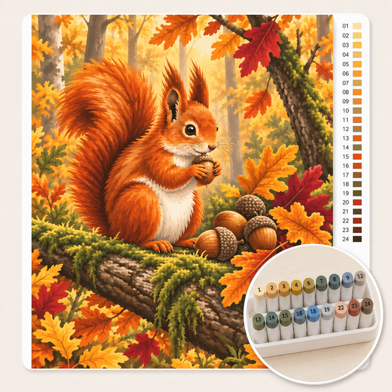 Eekhoorn met Eikels op een Mossige Tak – Kleuren op Nummer canvas met stiftenset