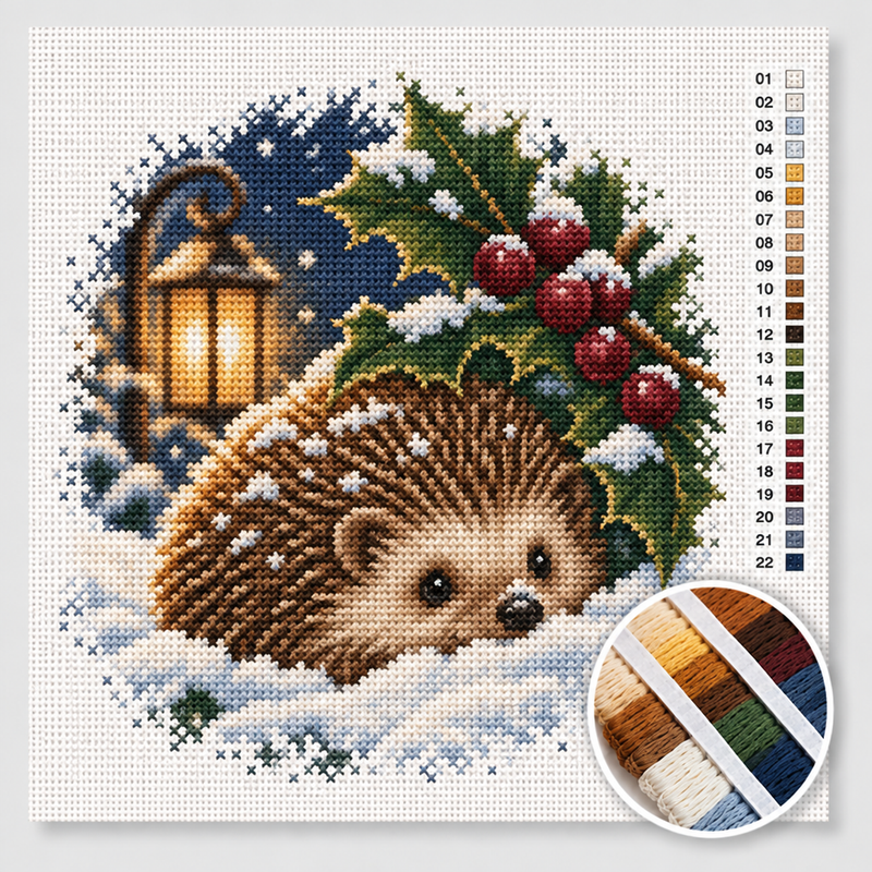 Hedgehog under the Holly — Cross Stitch Kit