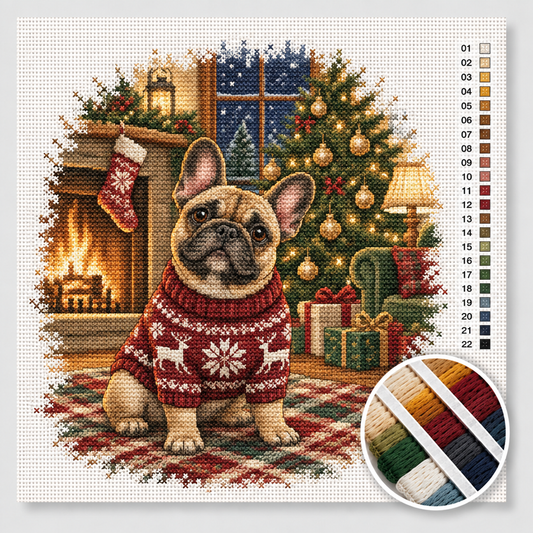 Kerst kruissteek pakket — Franse bulldog in bordeaux kersttrui bij de kerstboom en open haard