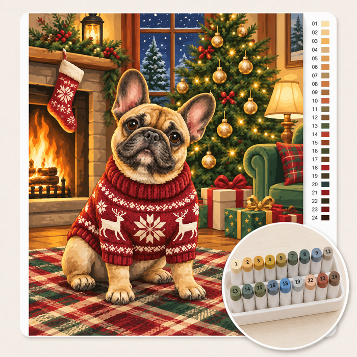 Franse Bulldog in Kersttrui – Kleuren op Nummer canvas met stiftenset