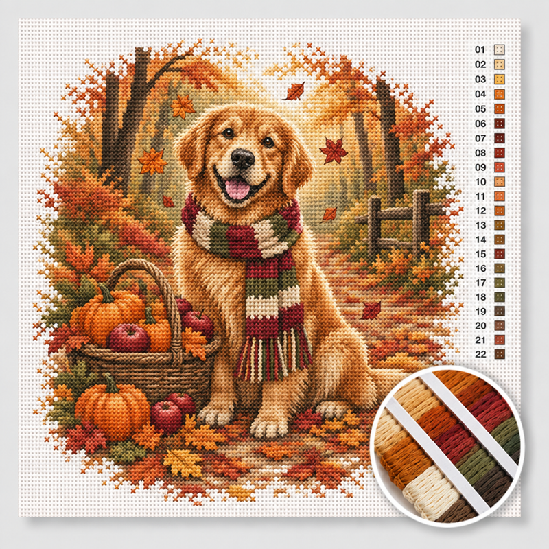 Golden Retriever with Autumn Scarf — Cross Stitch Kit
