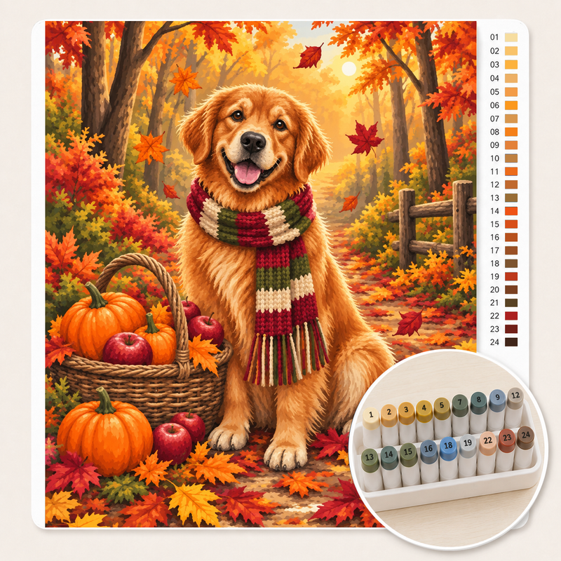 Golden Retriever met Herfstsjaal – Kleuren op Nummer canvas met stiftenset
