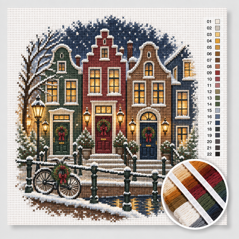 Canal Houses with Christmas Wreaths on the Doors — Cross Stitch Kit