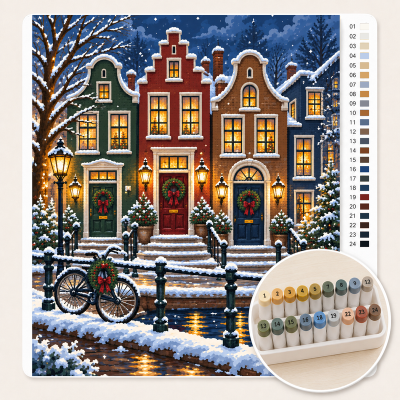 Grachtenpanden met Kerstkransen op de Deuren – Kleuren op Nummer canvas met stiftenset