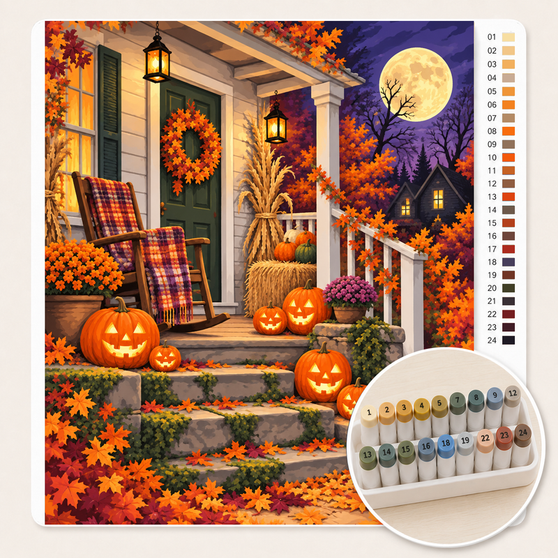 Halloween-veranda met Lantaarns – Kleuren op Nummer canvas met stiftenset