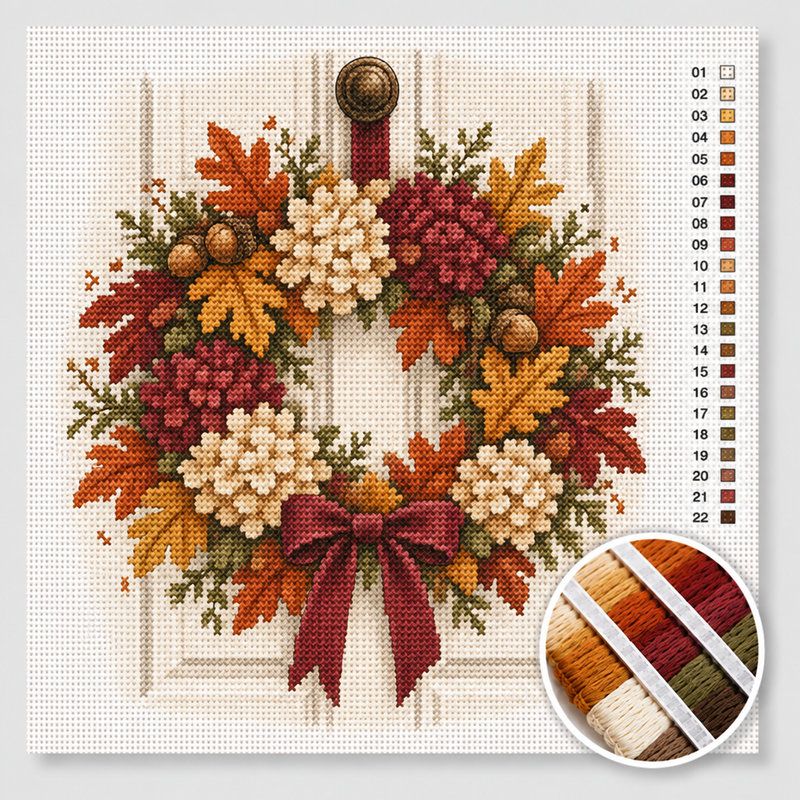 Herbstkranz mit Hortensien und Eichenlaub — Kreuzstich-Set