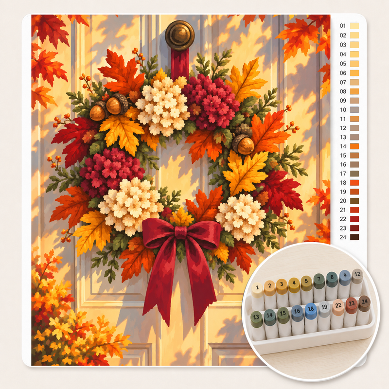 Herfstkrans met Hortensia en Eikenblad – Kleuren op Nummer canvas met stiftenset