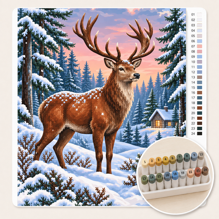 Hert in het Besneeuwde Bos – Kleuren op Nummer canvas met stiftenset