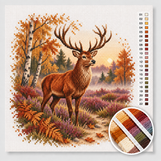 Herfst kruissteek pakket — edelhert met gewei op de heide van de Veluwe in ochtendmist