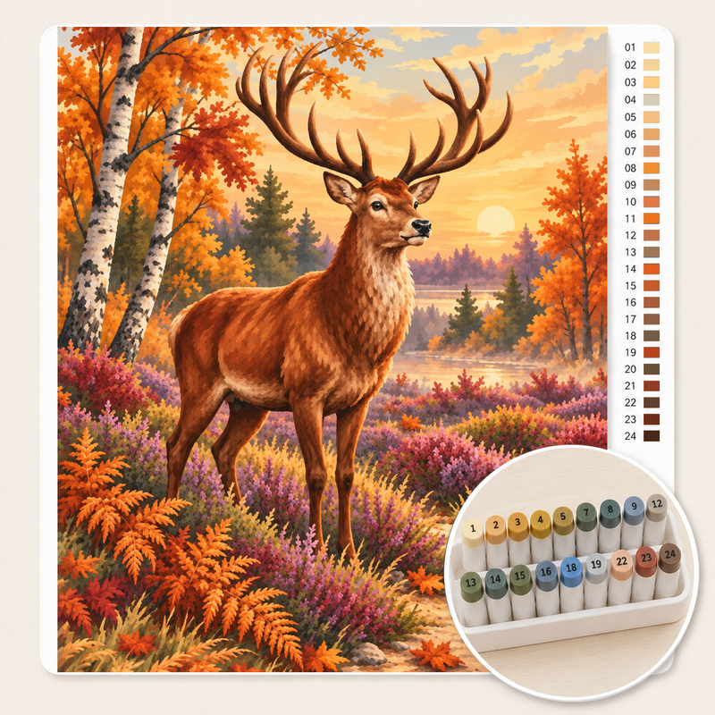Hert op de Veluwe in de Herfst – Kleuren op Nummer canvas met stiftenset