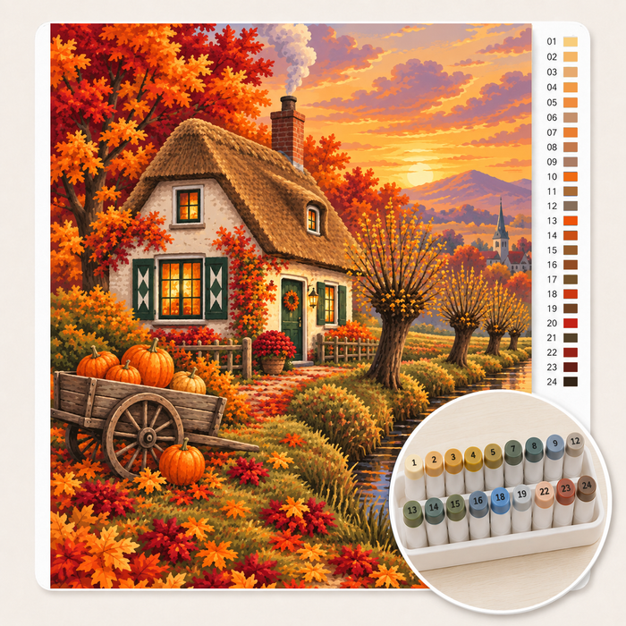 Hollands Boerderijtje in Herfstkleuren – Kleuren op Nummer canvas met stiftenset
