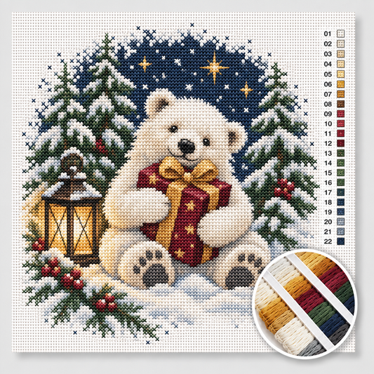 Kerst kruissteek pakket — ijsbeer met ingepakt cadeautje tussen besneeuwde dennen en lantaarn
