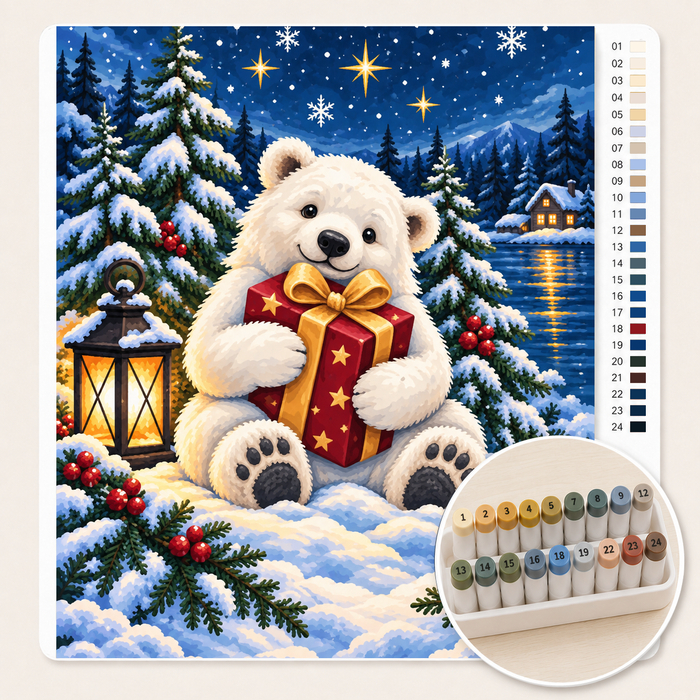 IJsbeer met een Cadeautje – Kleuren op Nummer canvas met stiftenset
