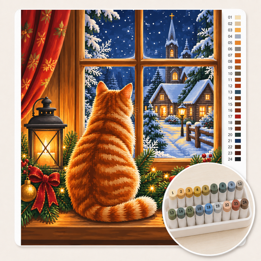 Kat bij het Raam op Kerstavond – Kleuren op Nummer canvas met stiftenset