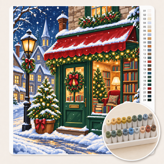 Kerstboekwinkel in de Sneeuw – Kleuren op Nummer canvas met stiftenset