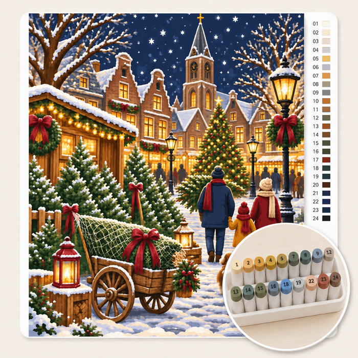 Kerstbomenverkoop op het Dorpsplein – Kleuren op Nummer canvas met stiftenset