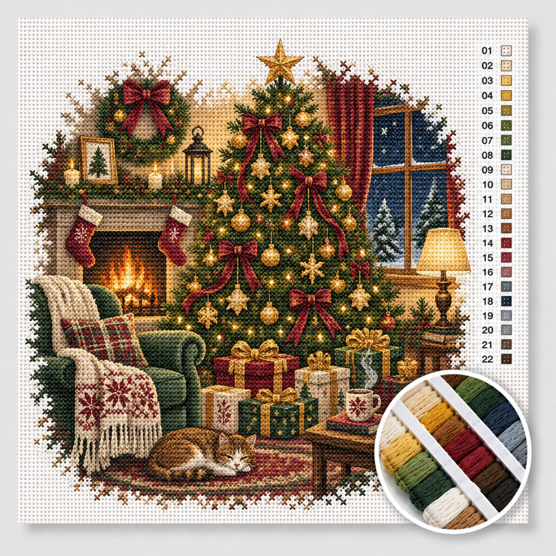 Kerstboom met Cadeautjes in de Woonkamer — Kruissteek Pakket