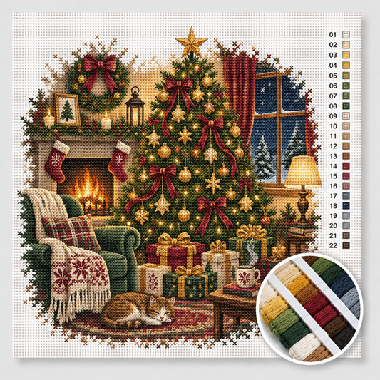Kerst kruissteek pakket — versierde kerstboom met cadeautjes bij het haardvuur in een gezellige woonkamer