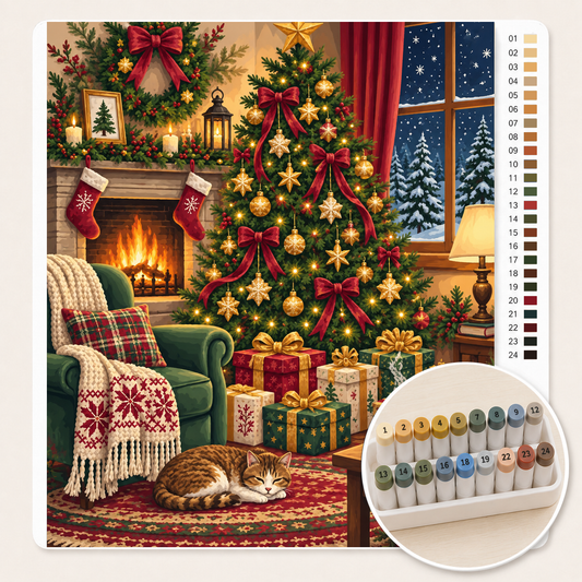 Kerstboom met Cadeautjes in de Woonkamer – Kleuren op Nummer canvas met stiftenset