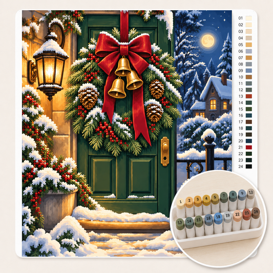 Kerstkrans met Rode Linten en Bellen – Kleuren op Nummer canvas met stiftenset