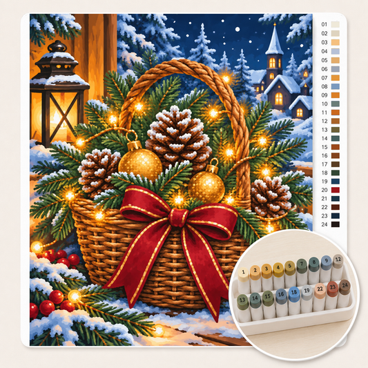 Kerstmand met Dennenappels en Lichtjes – Kleuren op Nummer canvas met stiftenset